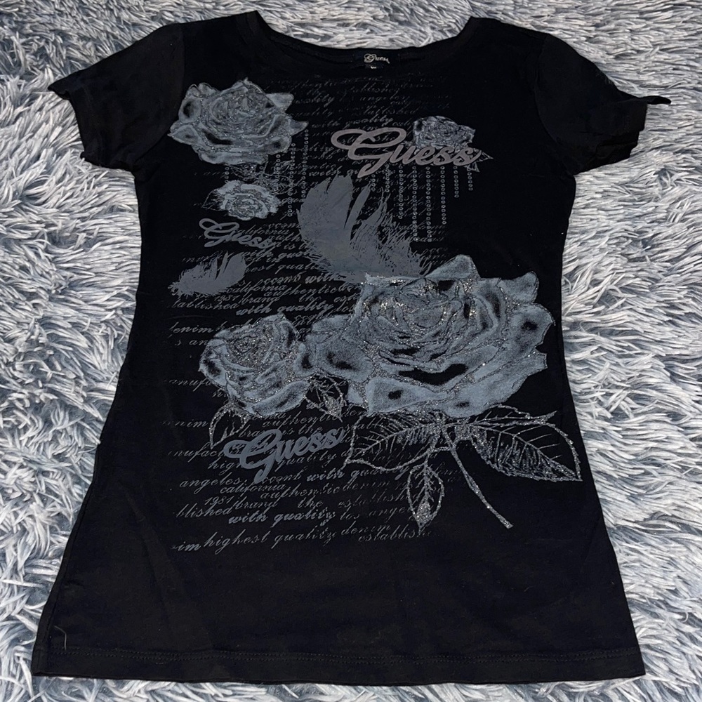 Guess Women's Black Tee with Silver Floral Graphic